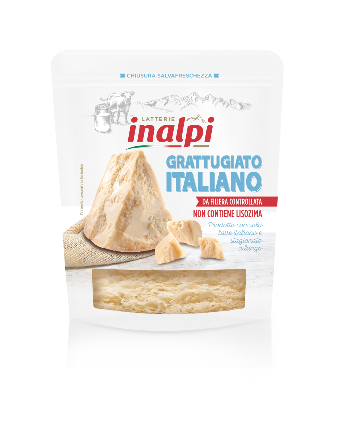 Grattugiato Italiano Inalpi, il prodotto che migliora la performance dello scaffale, 100% formaggio italiano, senza lisozima