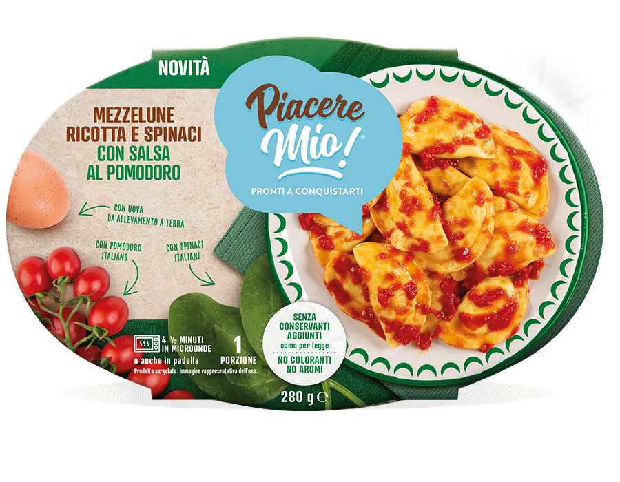 Mezzelune ricotta e spinaci con salsa al pomodoro, l’ultima referenza surgelata Piacere Mio!